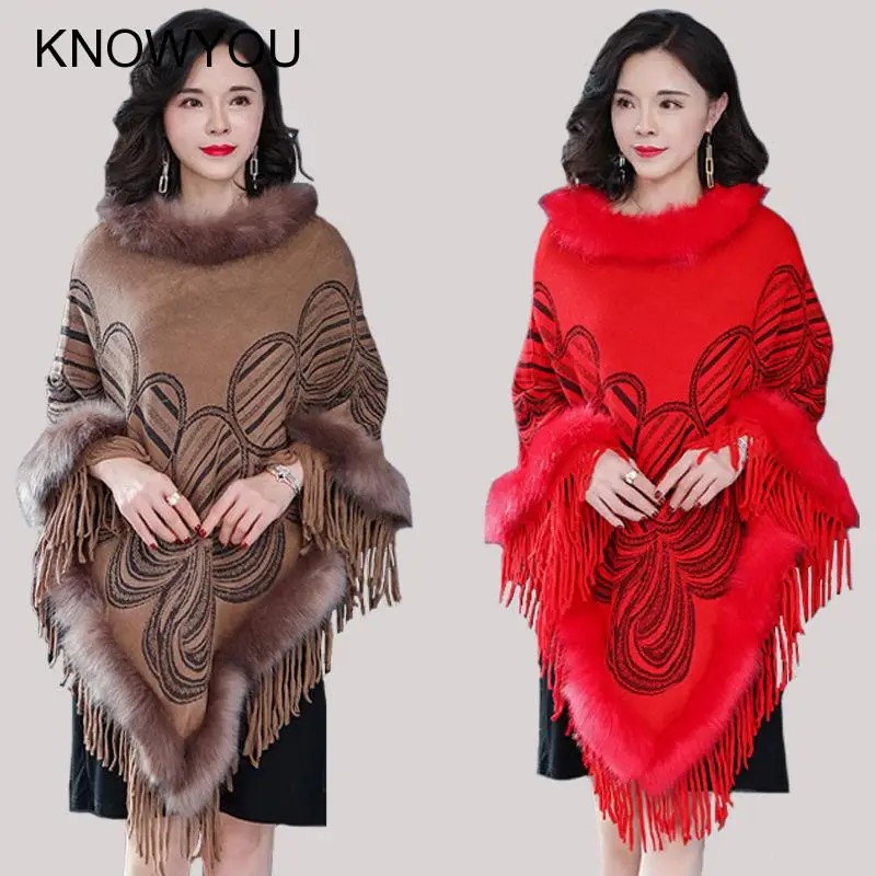 

Warm Cashmere Poncho Women Elegant Fur Capes Jacquard Floral Shawls and Wraps Pullover Pashmina Classical Tassel Chals Stole