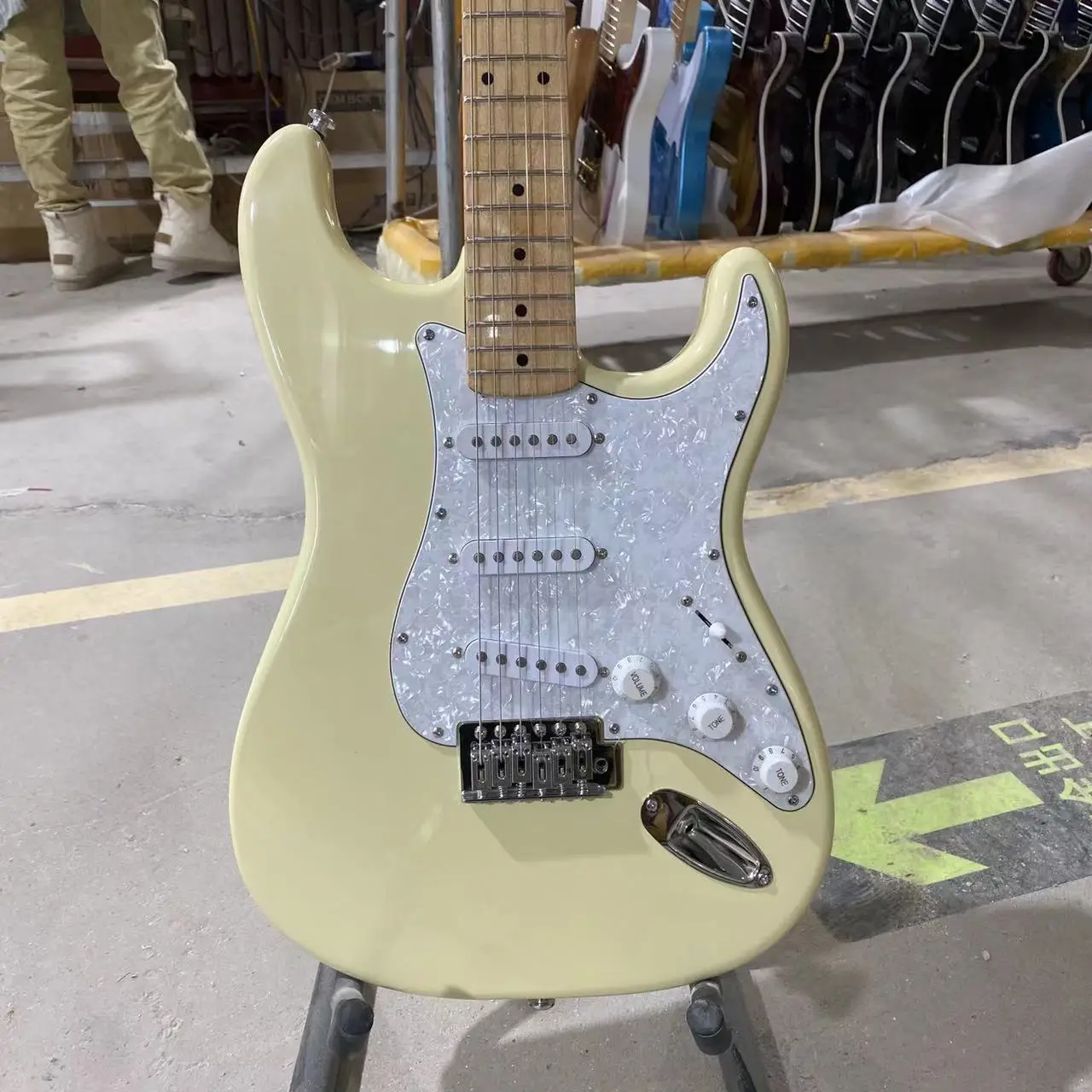 ST Electric Guitar Cream Yellow Color White Pearl Pickguard Maple Fingerboard Chrome Hardware Free Shipping