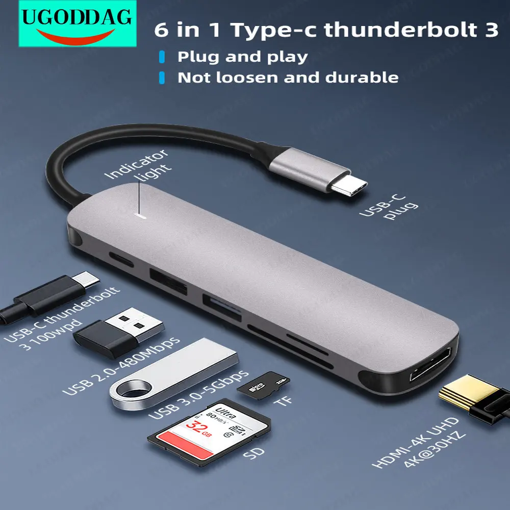 

USB-концентратор 6 в 1, с выходом 4 к HDMI, SD, TF, USB 3,0, PD 100 Вт