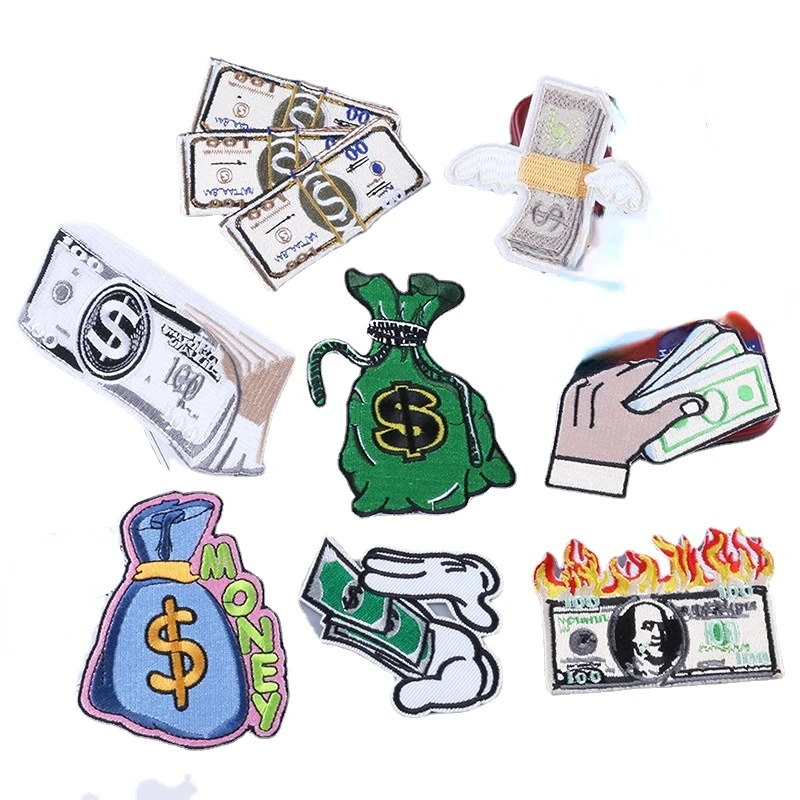 

20pcs/Lot Luxury Fun Embroidery Patch US Dollar Bill Money Bag Flame Shirt Clothing Decoration Accessory Craft Diy Applique