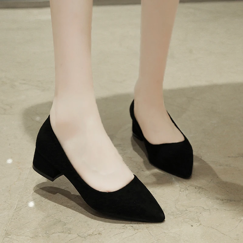 2023 Large Size New Low-top Work Shoes Autumn Thick Heel Solid Color Shallow Mouth PU Sleeve Toe High-heeled Women's Shoes
