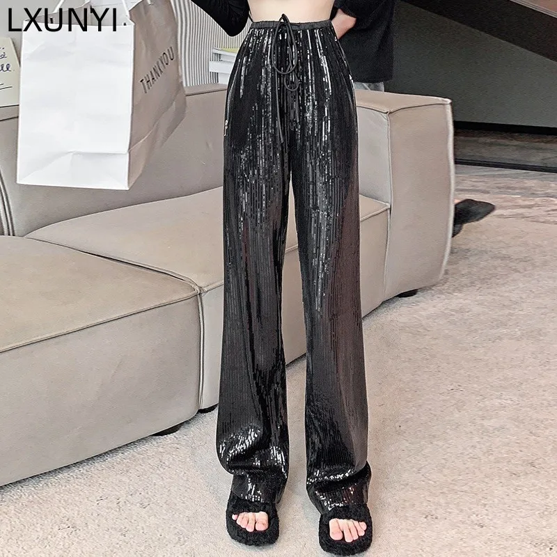 LXUNYI  Design Sequins Straight Pants Women 2022 Elastic Waist Wide Leg Trousers 2022 Autumn Winter High Waist Drawstring Pants