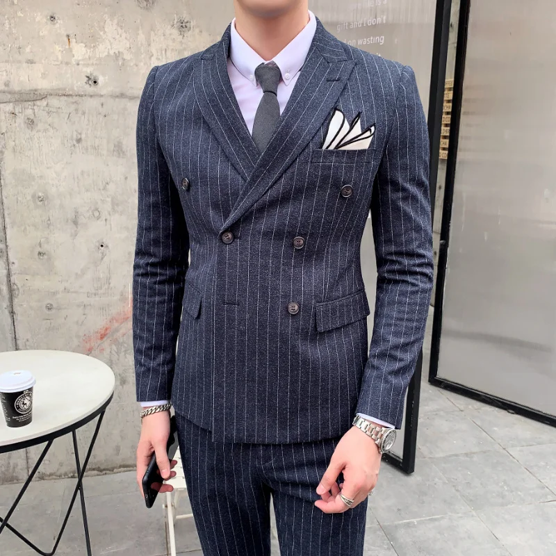 

[Jacket+Vest+Pants] Classic striped double-breasted men's suit men's slim tuxedo jacket pants formal dinner wedding groom