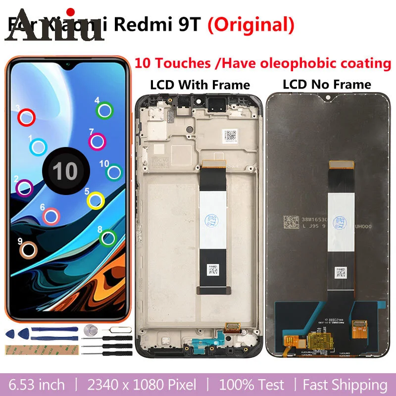 

Оригинальный ЖК-дисплей для Xiaomi Redmi 9 T, сменный экран с рамкой, 10-контактный ЖК-дисплей для Redmi 9 T, 9 T, J19S, M2010J19SG с инструментом