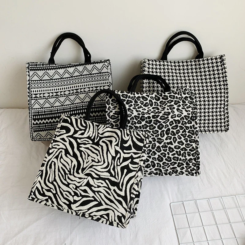

Vintage Women Canvas Wave Houndstooth Shoulder Shopping Bag Casual Ladies Large Capacity Leopard Zebra Pattern Tote Handbags