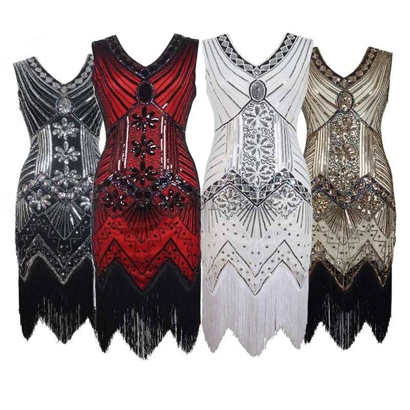 Женское блестящее платье с бахромой и блестками