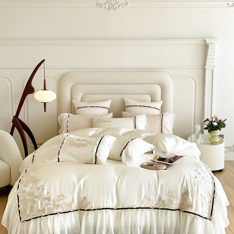 

French Princess Bedding Set Flowers Embroidery Lace Ruffles 800TC Eucalyptus Lyocell Soft Silky Duvet Cover Bed Sheet Pillowcase