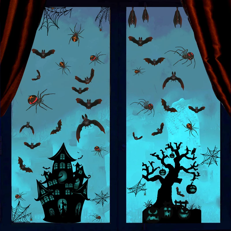 

Украшение на Хэллоуин, 6 листов, наклейки на дверь в виде летучей мыши, паука с привидениями, наклейки на окно на Хэллоуин, украшения вечерние