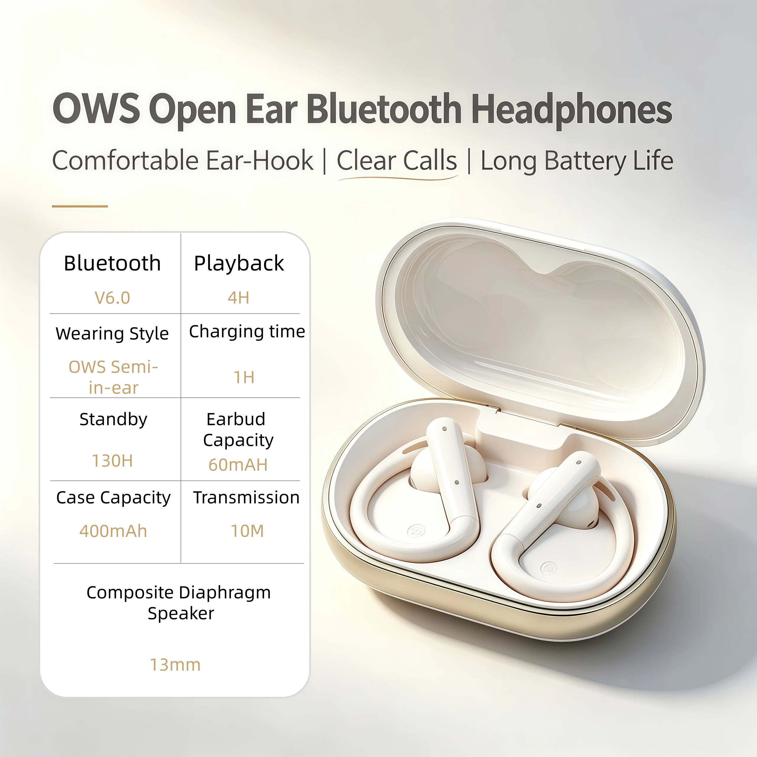 Беспроводные наушники Hedaele D14 OWS с открытым ухом, Bluetooth V6.0, 13-мм композитная диафрагма, цифровой дисплей, Type-C, спортивные наушники (art.: 3920dc8a49e1d) - 3920dc8a49e1d