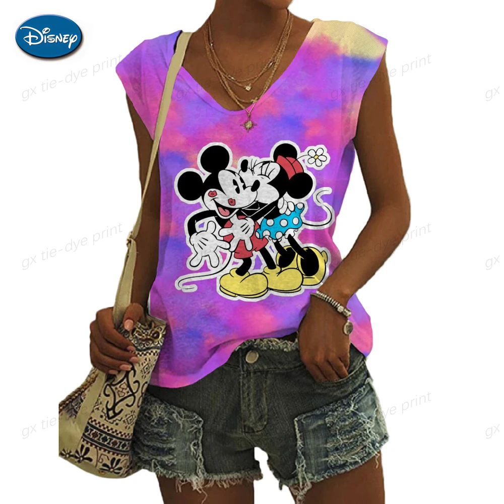 

Летние Новые майки с принтом Минни и Микки-Маус, женская Свободная футболка без рукавов с V-образным вырезом, дамский жилет, облегающие футболки, женская одежда