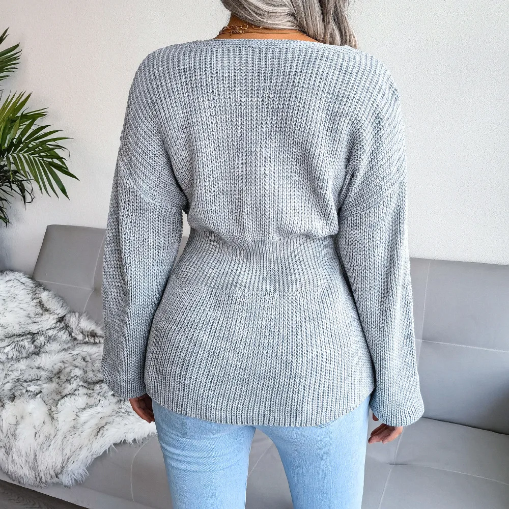 Ficusrong осень зима воздушный рукав низ талии подол гофрированный вязаный свитер