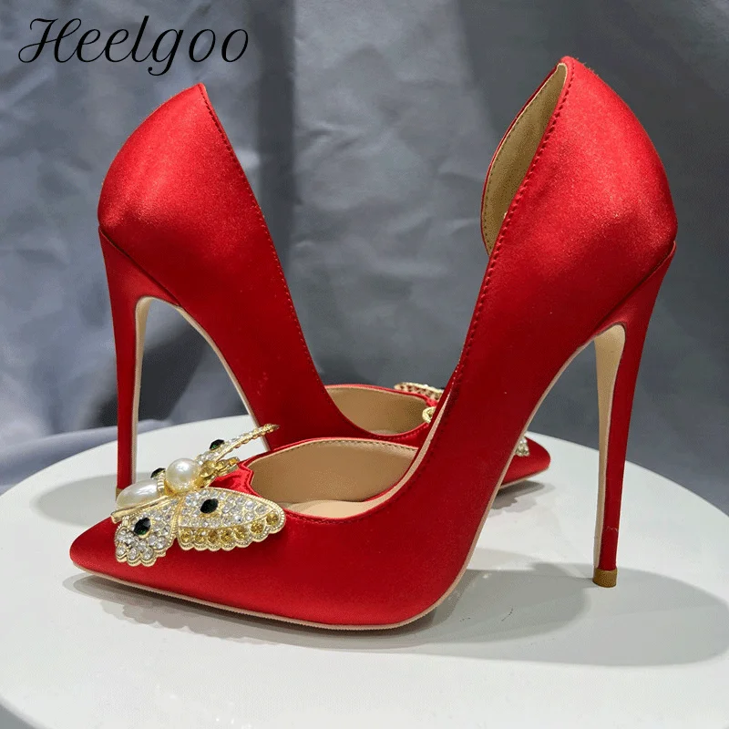 

Heelgoo Glitter Butterfly Decor Women Red Satin Pointy Toe High Heel Shoes for Wedding Bridal Side Open Slip On Stiletto Pumps