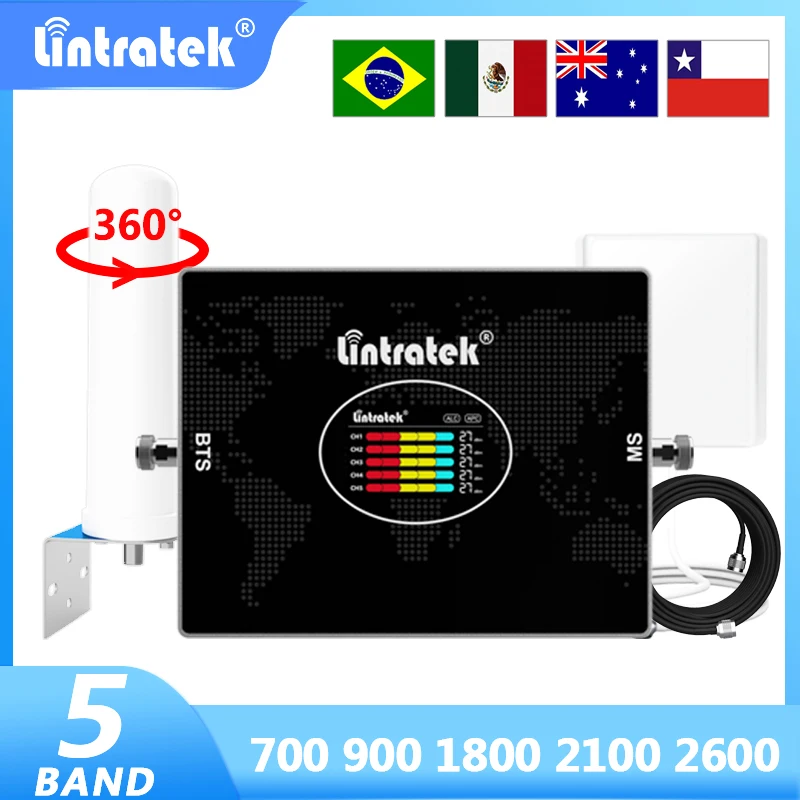 

Lintratek 5 Band Cellular Amplifier B28 700 900 1800 2100 2600 MHZ B2 B4 LTE 2G 3G 4G Signal Booster Mobile Reapeater 70dB AGC