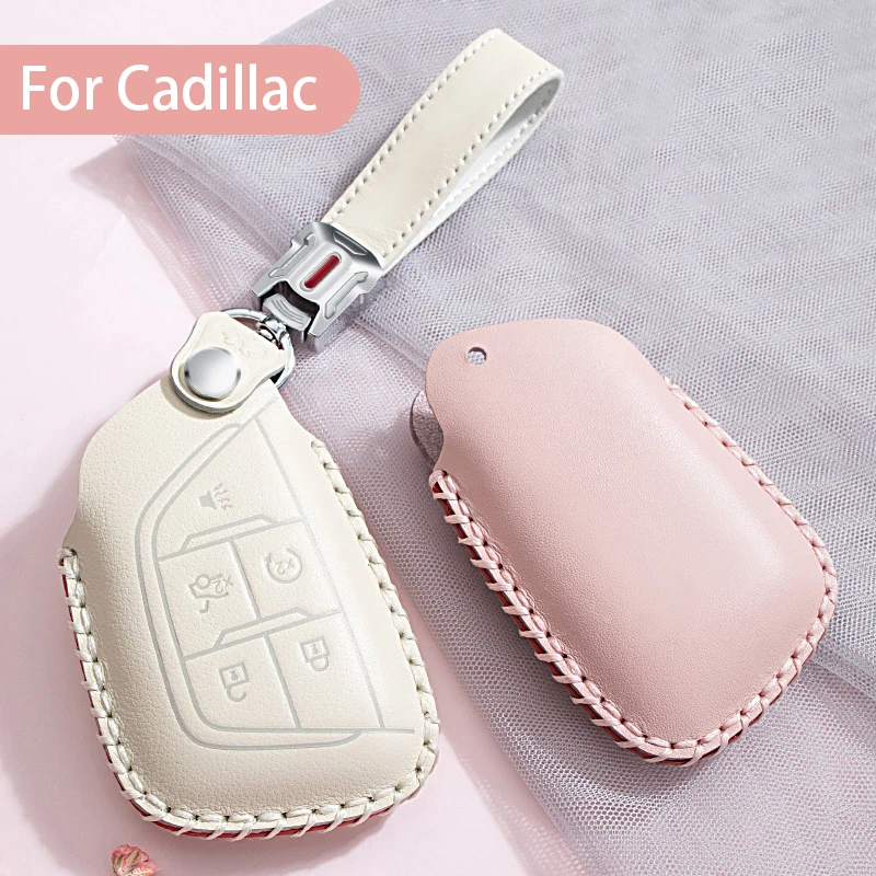 

Beige Leather Car Remote Key Case Cover Shell Protector For Cadillac ATS-L XTS XT5 CTS CT6 ATS 28T SRX Escalade 2015 Keychain