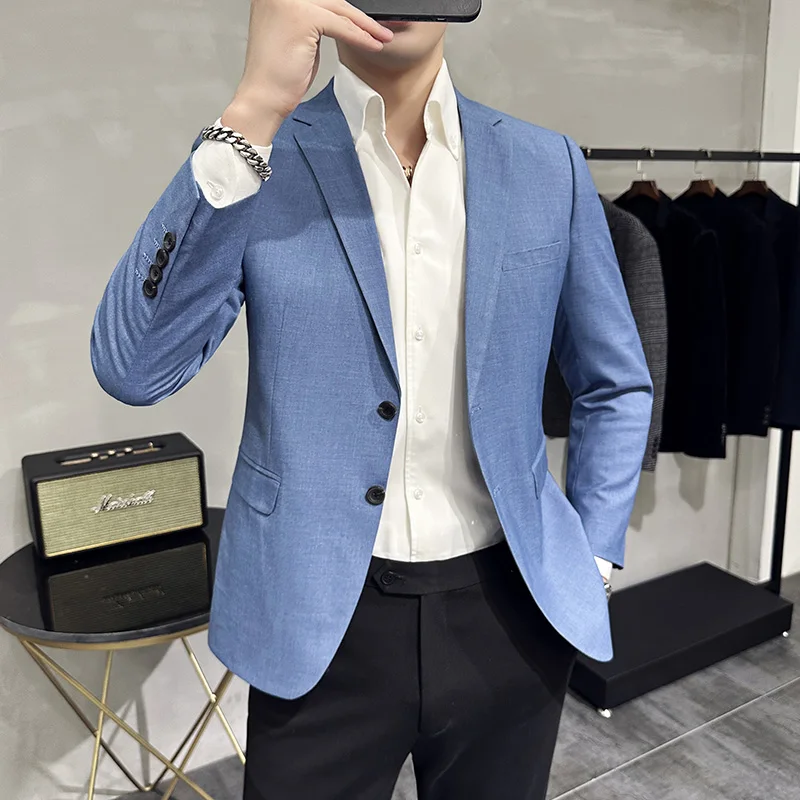 

Новинка, мужские однотонные деловые повседневные костюмы, пальто, мужские блейзеры, мужские блейзеры с двумя пуговицами и карманами с клапаном, повседневные мужские блейзеры
