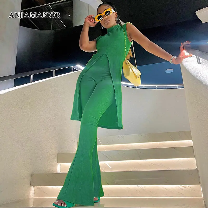 

ANJAMANOR 2 Piece Set Split Sleeveless Top and Flare Pants Elegant Fashion Green Brunch Outfits for Women Matching Sets D85-DH30