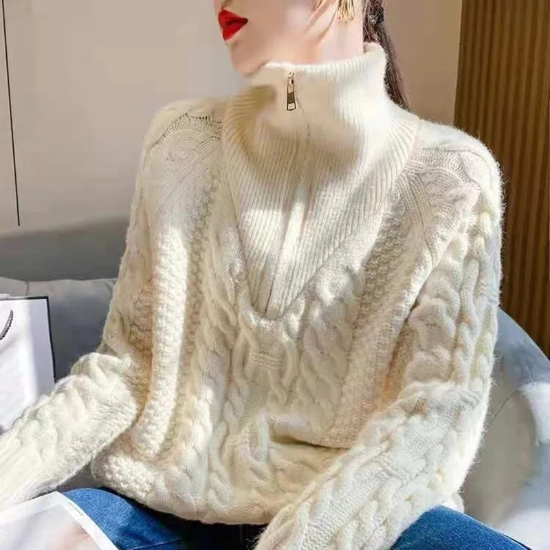 

French Style Thick Retro Zipper Turtleneck Sweater Women Design Sense Hemp Pattern Loose Autumn Winter Knitting Sweaters Women