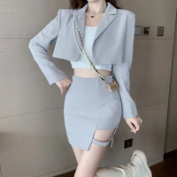 matching set sexy blazer and skirt two piece set women england style vintage cropped suit jackethigh waist irregular skirt suit