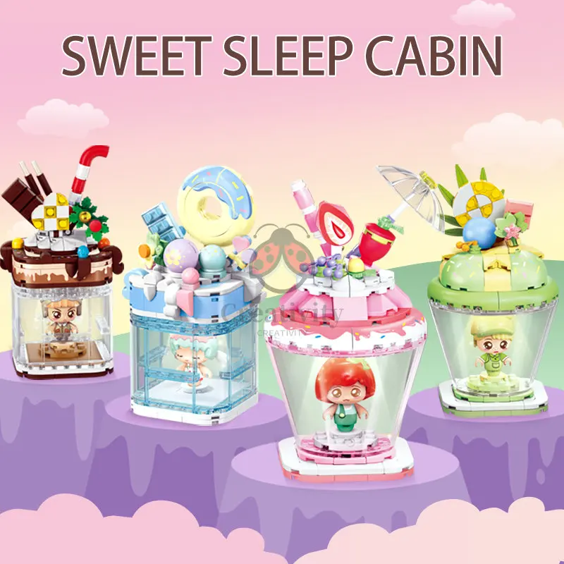 

SEMBO 4 Set Cute Lot Candy Planet Strawberry Chocolates Matcha Cream Lighting Brick Sleeping Cabin Gourmet Toy For Girl Gift