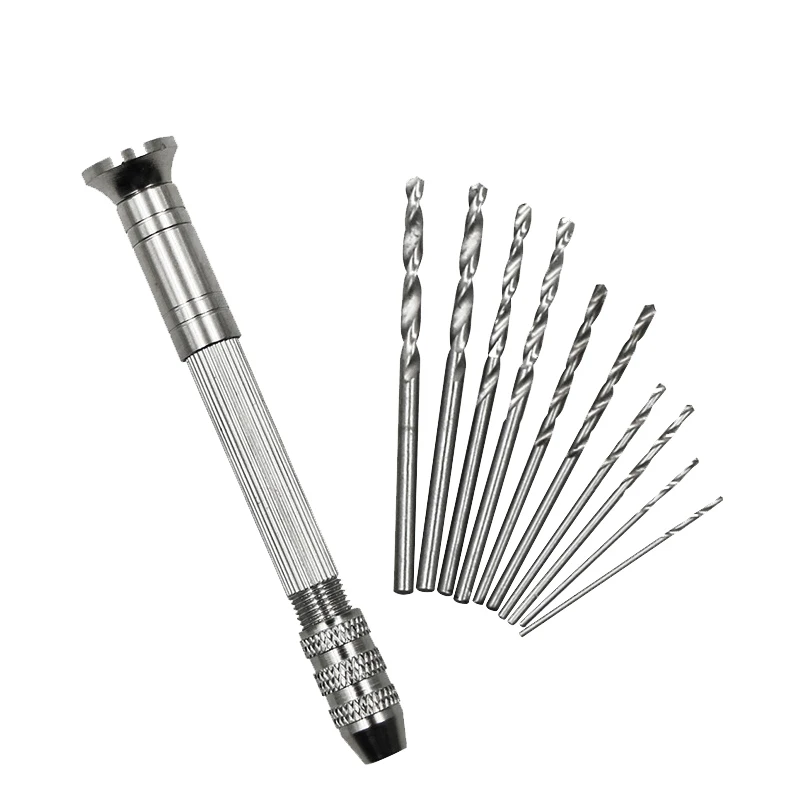 

1-3.5mm Aluminum Hand Drill with Keyless Chuck + 10pcs Torsion Hand twist drill Mini Jewelry Woodworking Rotary Drilling Tools