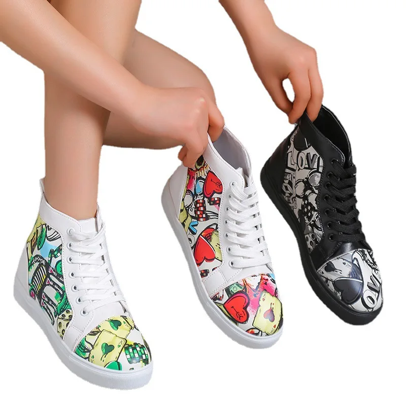 2022 Women High Top Casual Single Shoes Colour Printing Plus Size Women Shoes 43 Woman Vulcanize Shoes Zapatos De Mujer Lace