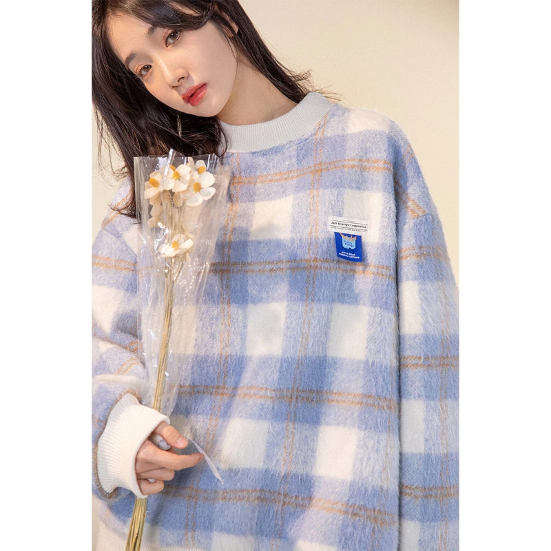 

Женский флисовый пуловер DUOFAN, Свободный свитшот в клетку с круглым вырезом и рукавами-фонариками, с аппликацией, зима 2022