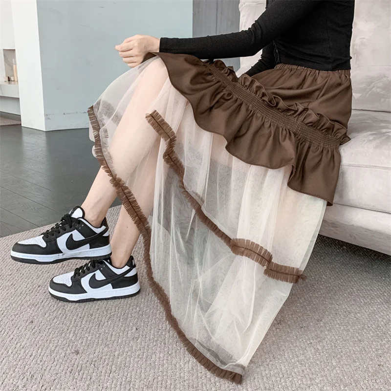 

Casual Mesh patchwork cake Skirt for Women Clothes 2023 New Spring Summer mid length wooden ear edge puffy Wrap Skirts bc56
