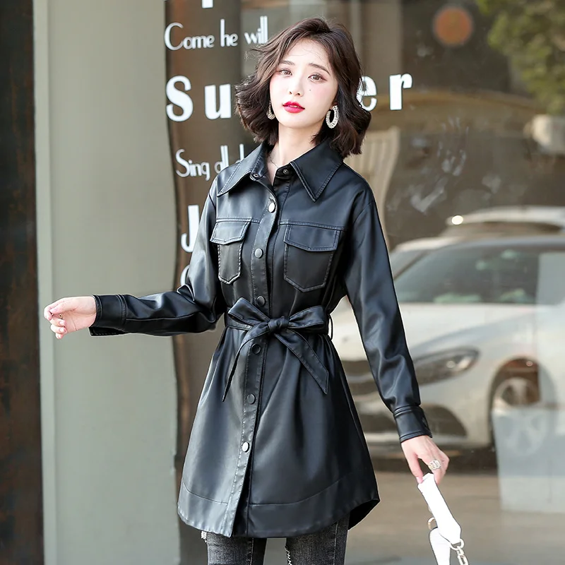 Women's Mid-Length Walker Leather Coat Snap Closure Faux Leather Jacket Casual Lapel Long Suit Trench Coat Outerwear with Belt