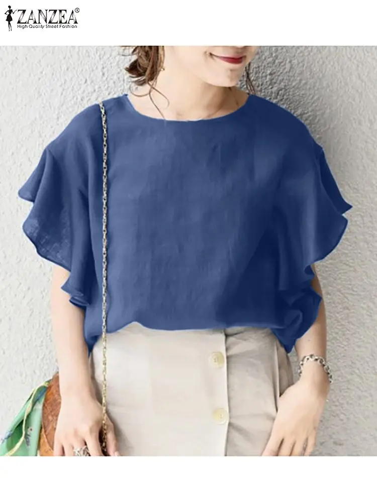 

ZANZEA Women Blouse Elegant Ruffles Short Sleeve Shirt Summer Tunic Tops Oversize Chemise Causal Femme Work OL Blouses Mujer