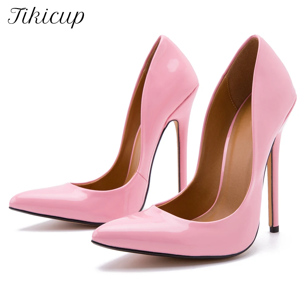 

Tikicup Extremely High Heel Plus Size 44-48 Unisex Pink Patent Leather Slip On Stiletto Pumps Sexy Drag Queen Crossdress Shoes