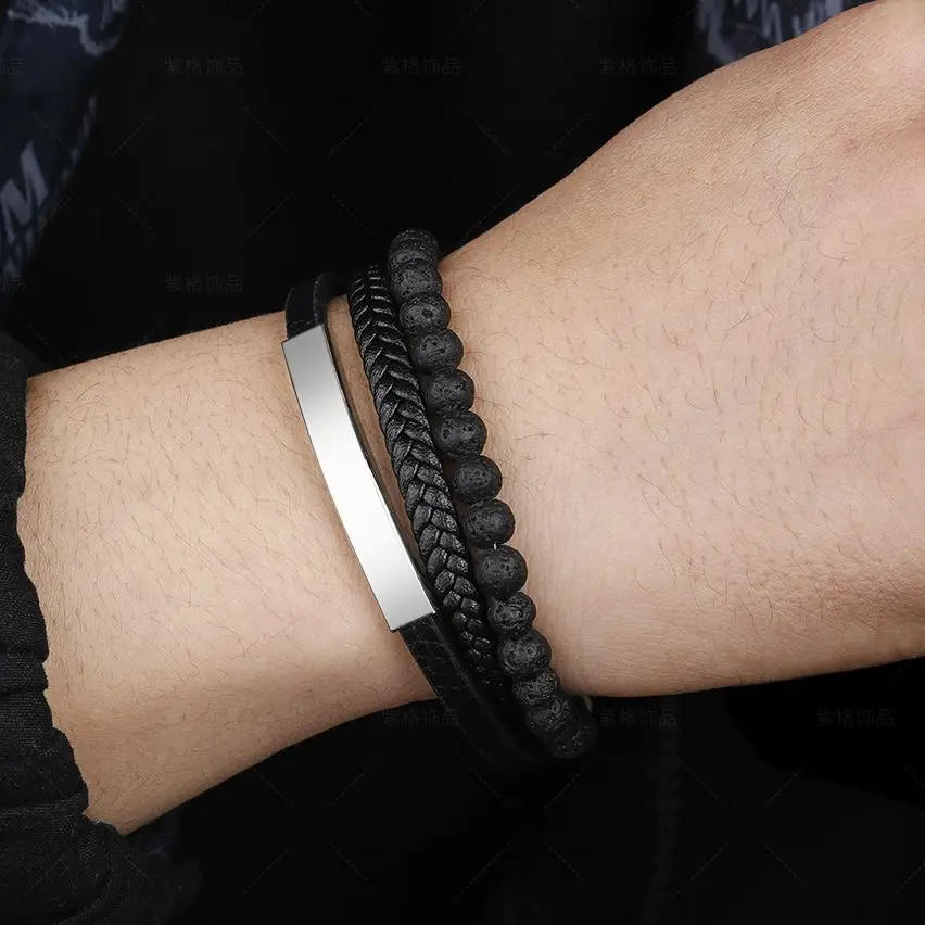

Vintage Braid Leather Bracelet For Men New Stainless Steel Black Multilayer Genuine Magnetic Clasp Button Bangle Jewelry