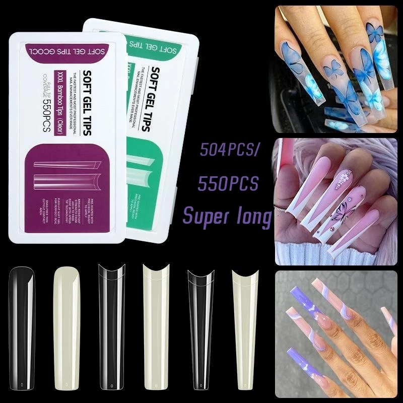 

550/504PCS XXXL Manicure Sheet Extra Long Full Stick French Denim Natural Color Transparent Color False Nails With Storage Box