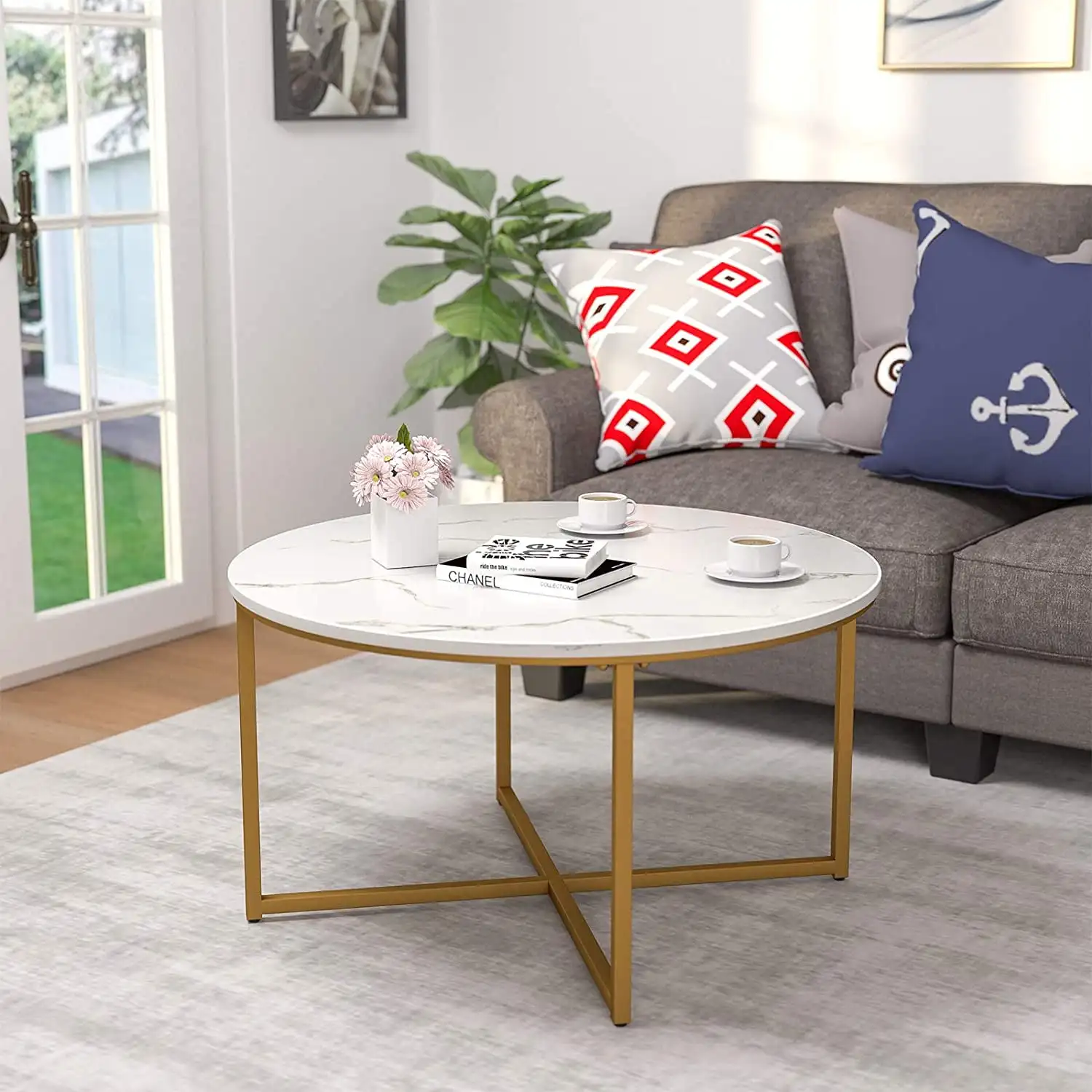 

36in Faux Marble Modern Living Room Round Accent Side Coffee Table