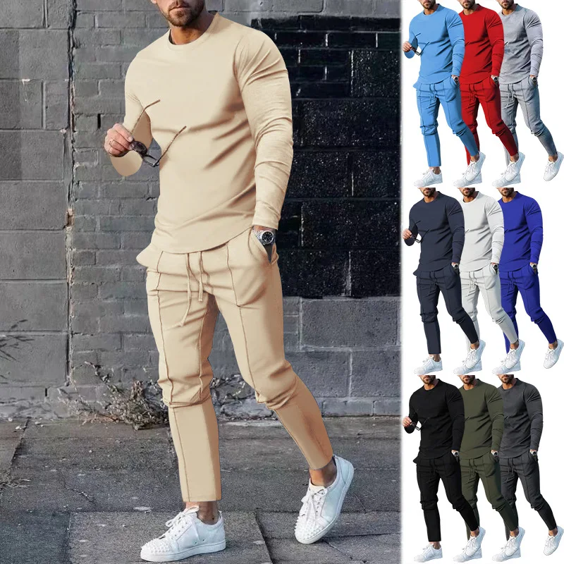 

2023 Mens Suit Spring and Autumn Two-piece Round Neck Long Sleeve T-shirt Pants Leisure Sports Set Men