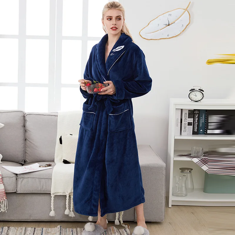 Thick Warm Couple Bathrobe Fleece Winter Long Sleeve Women's Dressing Gown Solid Fleece Fluffy Pockets Kimono With Sashes Female