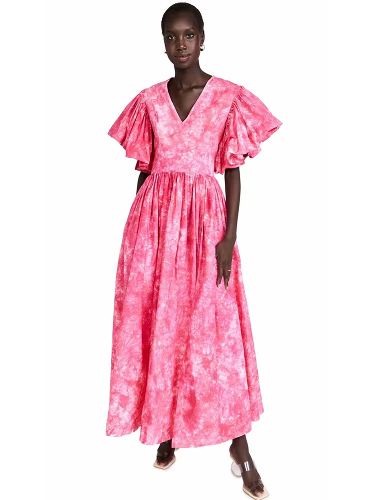Delocah High Quality Summer Women Fashion Designer High Waist Midi Dress Butterfly Sleeve Graffiti Printed Big Swing Dresses