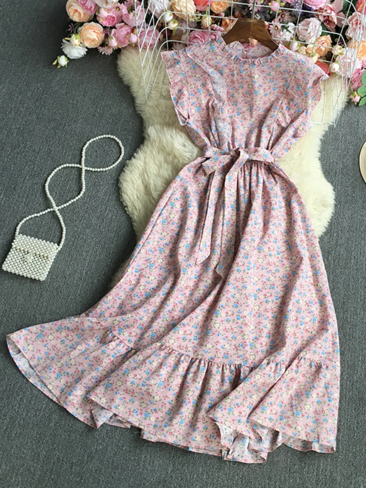 

Fitaylor New Summer Print Floral Long Dress Women Casual Stand Collar Short Sleeve Lace-up Dress Lady Holiday Style A-line Dress