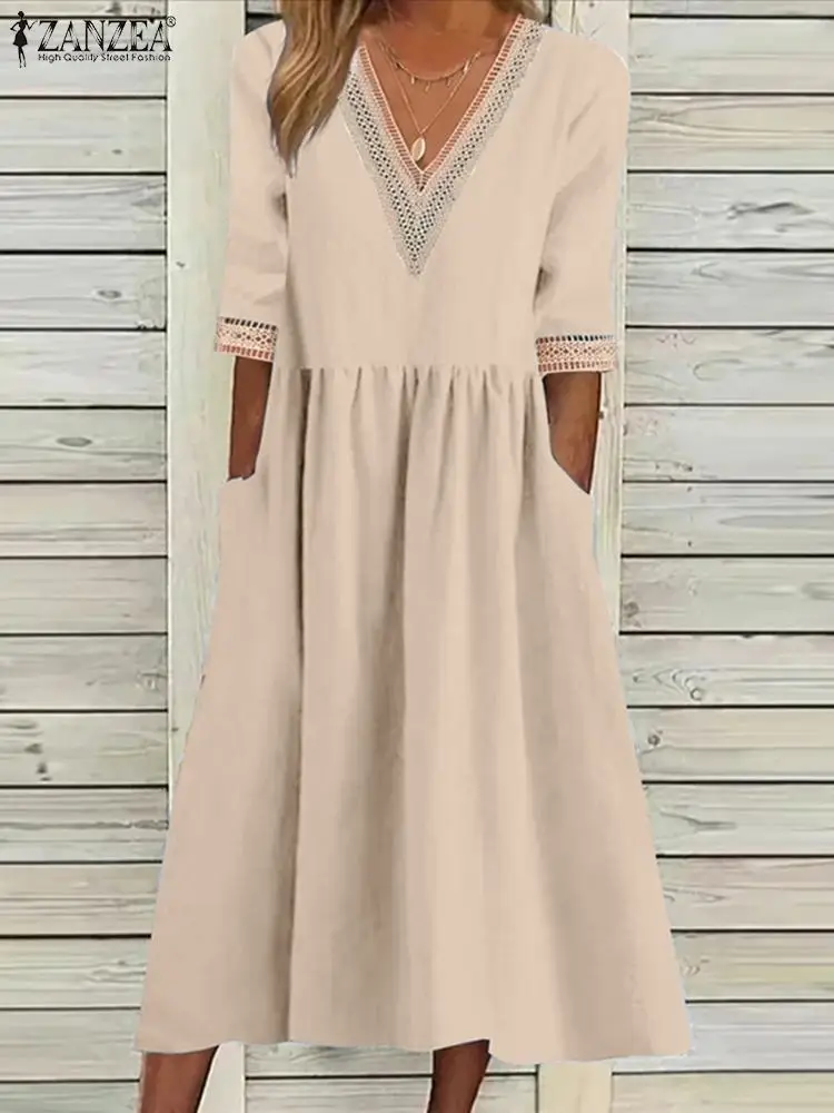 

Платье ZANZEA женское ТРАПЕЦИЕВИДНОЕ, Модный кружевной сарафан в стиле пэчворк, с рукавом до локтя, с V-образным вырезом, Повседневная пляжная одежда оверсайз, на лето