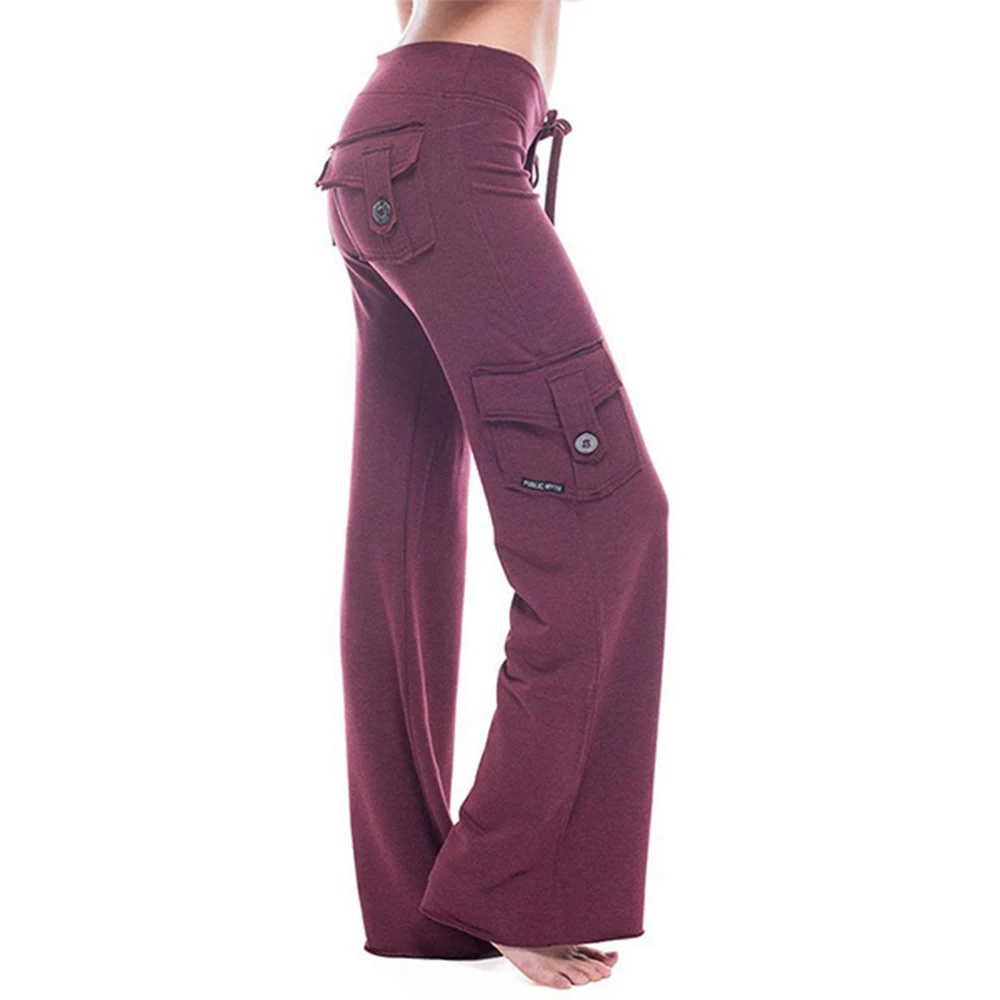 New Elastic Waist Button Pocket Yoga Pants For Women Solid Color Female Breathable Wide Leg Sports Pants