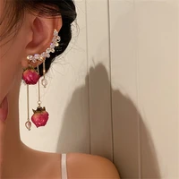 925 silver needle pearl imitation rose flower ear stud ear bone clip earring in one zircon diamond tassel earrings for women