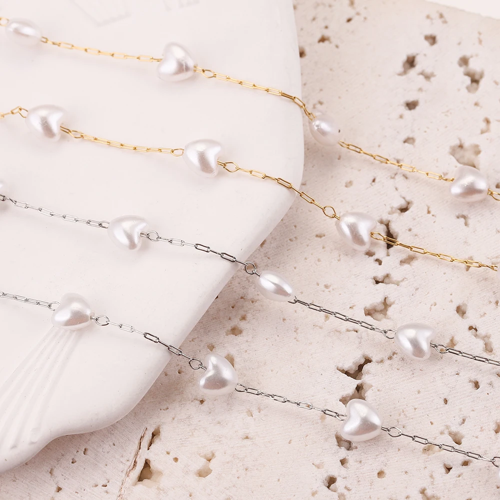 

2M 6mm Artficial Luxury Pearl Heart Chains Gold Stainless Steel Chain for Necklace DIY Jewelry Making Supplies Wholesale