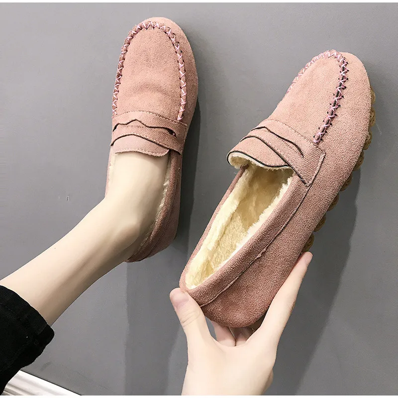 Winter Fashion Women Shoes Short Plush Flats Loafers Sewing Slip-On Casual Shoes Ladies Non-Slip Warm Comfortable Cotton Shoes