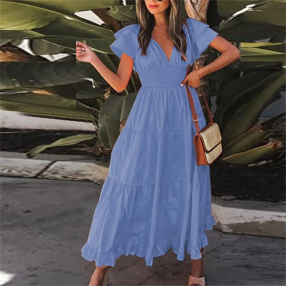 

Women Beach Dress Short Sleeve Breathable Deep V Neck Solid Color Tight Waist Lady Summer Long Casual Dress Female Clothing