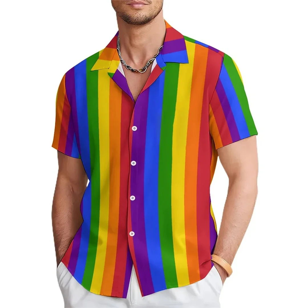Рубашка мужская летняя в радужную полоску с коротким рукавом 3D HD