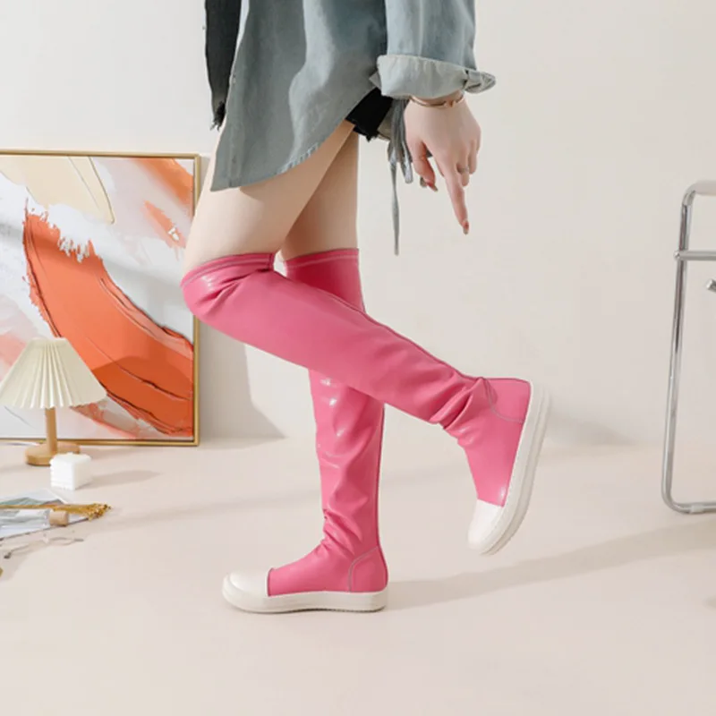 Повседневные женские эластичные облегающие сапоги выше колена на плоской