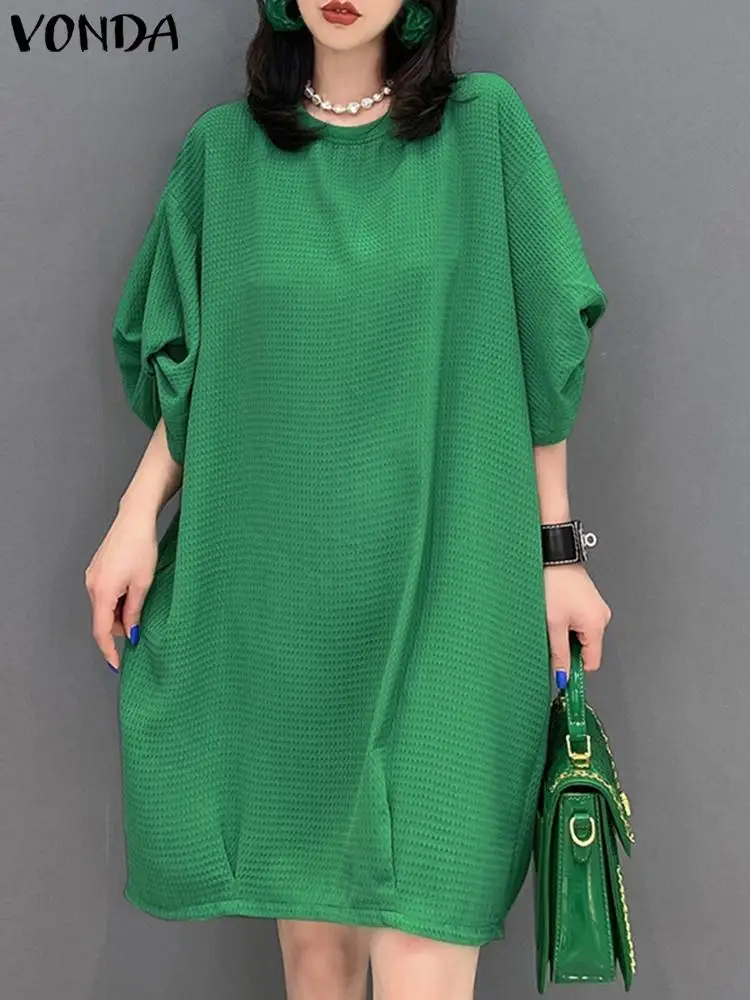 

VONDA Elegant Solid Color Mini Dress Women Summer Half Sleeve Casual Sundress 2023 Fashion Loose Round Neck Vintage Party Robe
