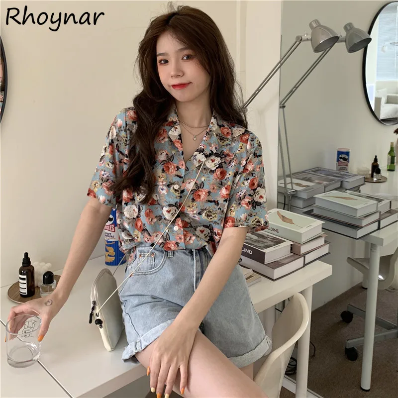 

Shirts Women Floral Summer Retro Short Sleeve Loose Fashion Notched Young Teens Leisure Daily Breathable Camisas Mujer Soft New