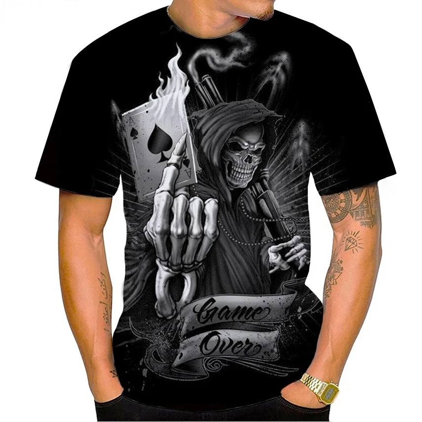 

Футболка мужская оверсайз, винтажная Готическая рубашка с 3D-принтом королевы и короля темных покеров, с рисунком черепа и татуировок, футболка с круглым вырезом