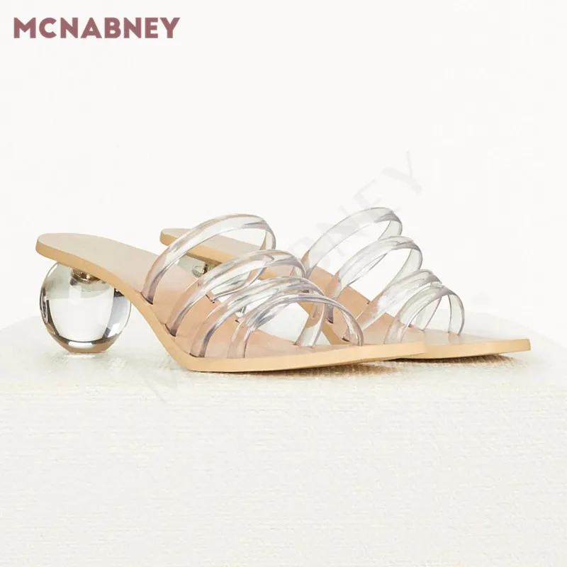 Crystal Ball Heel Transparent Slippers Summer New Fairy Style Square Toe High Heel Sandals One Word Transparent Belt Sandals