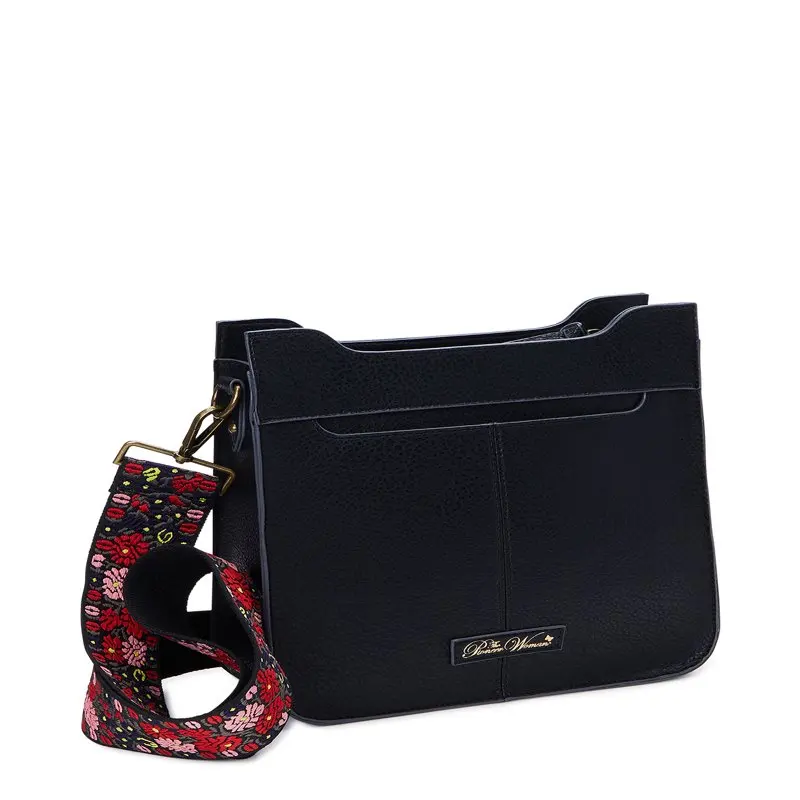 Josie Women's Medium Crossbody Handbag with embroidered strap, Black